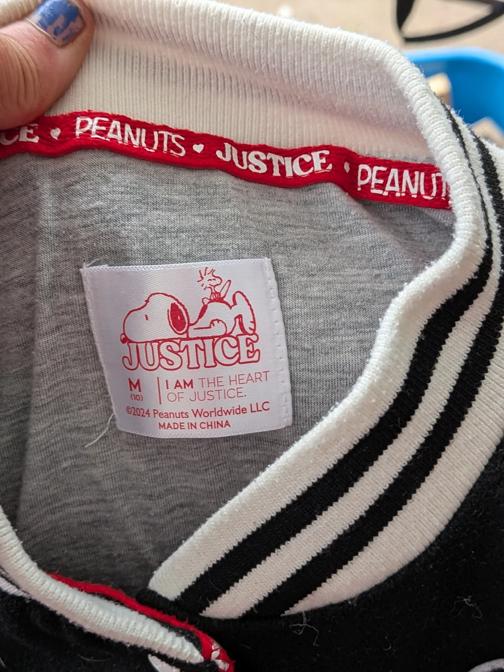 Justice Black & White Snoopy Patch Varsity Jacket
